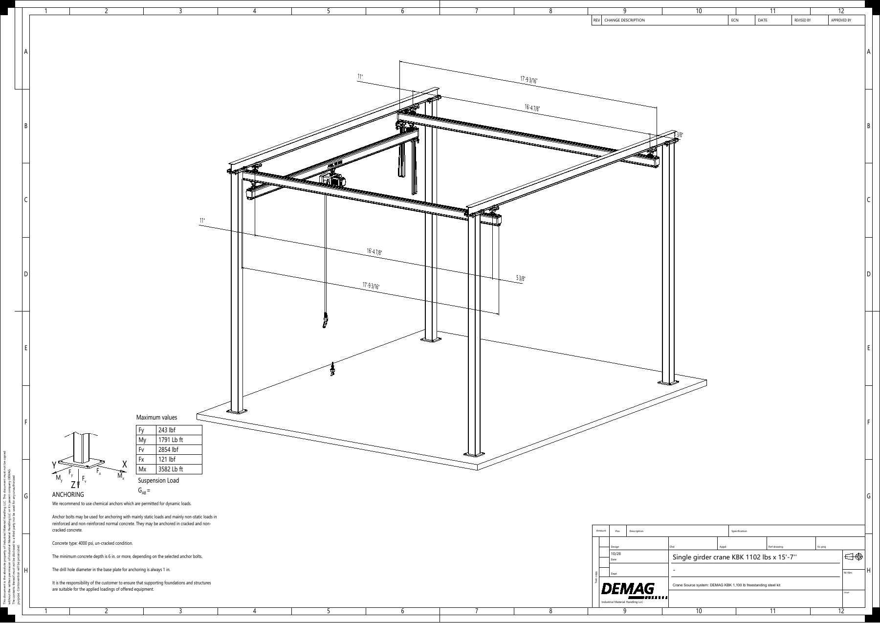 Configuration drawing for 1,100 lb freestanding steel workstation, 12 ft requested saddle