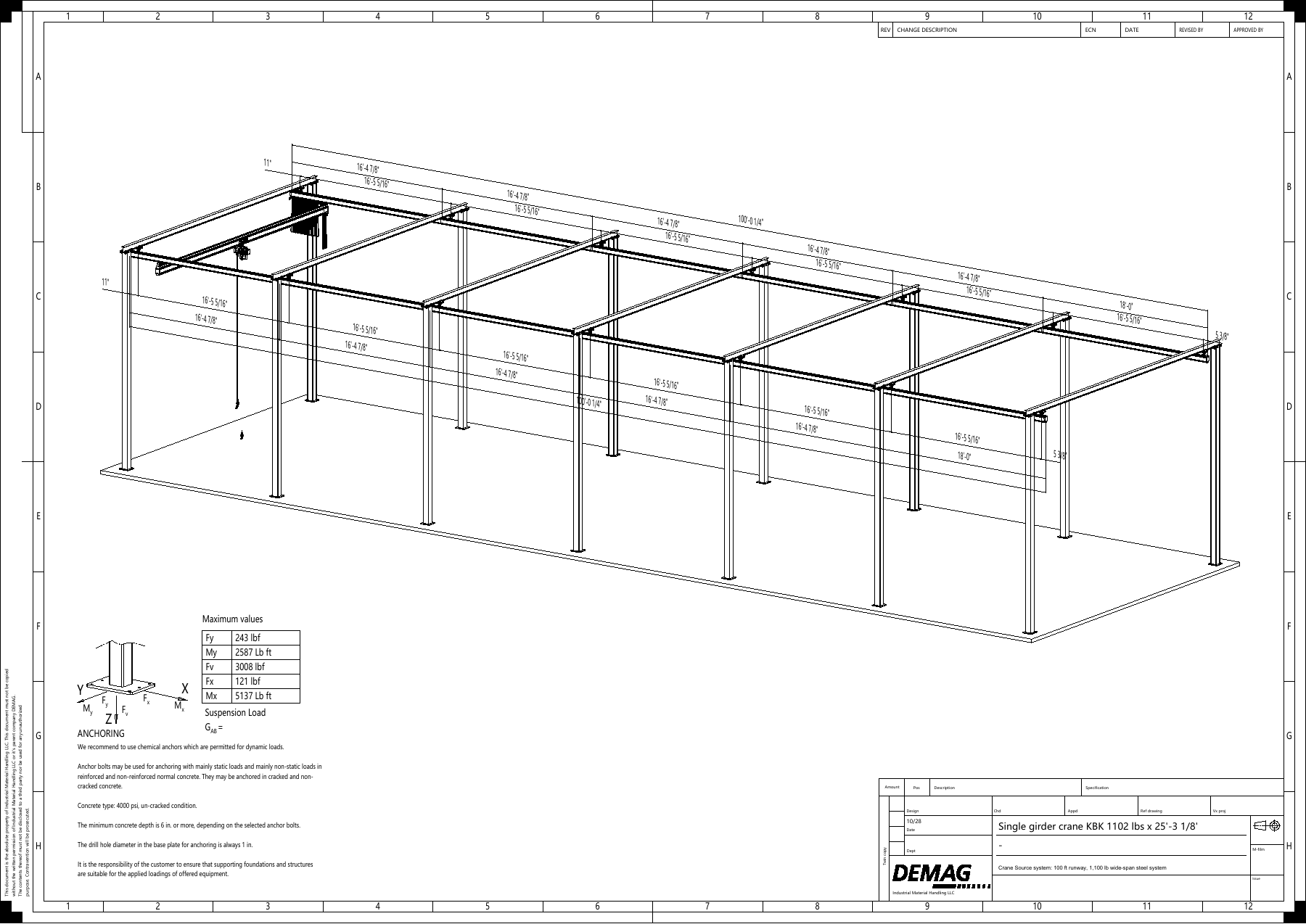 DEMAG drawing for 100 ft runway, 1,100 lb wide-span steel system