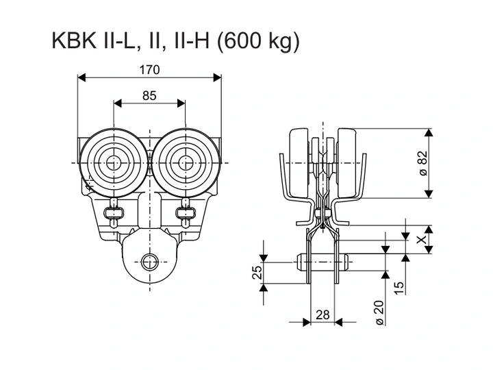 Manufacturer drawing: DEMAG KBK II/II-L/II-H Single Load Trolley, 600 kg